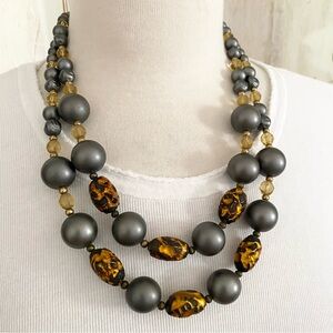 Vintage 1950s Beaded Statement Necklace Gray & Gold Double Strand